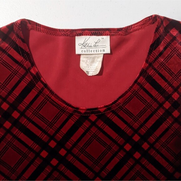 Vintage Plaid Velvet Shirt Red Black Top M Medium Kathie Lee 90s Punk Stretchy - Picture 7 of 9
